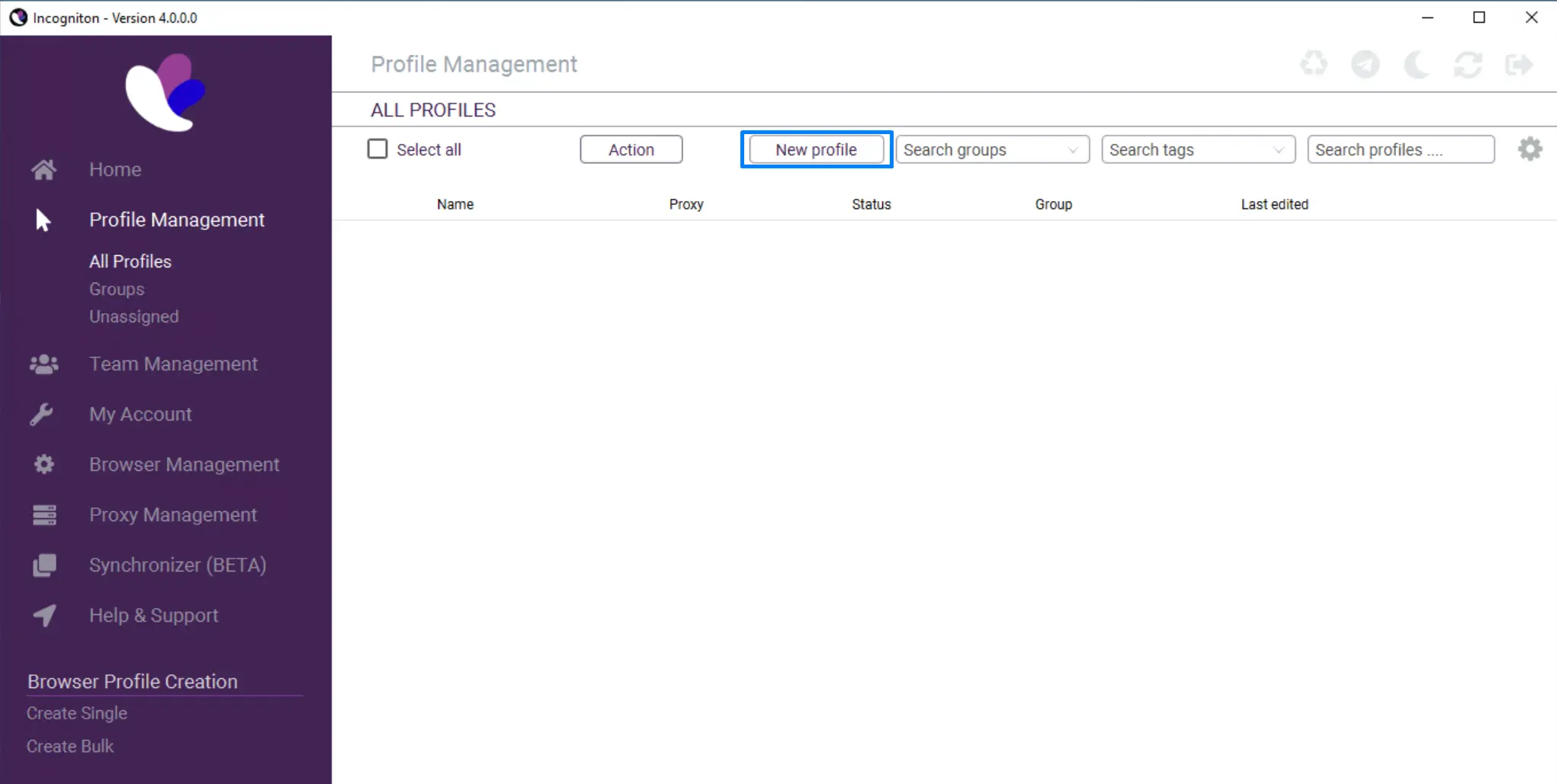 Incogniton 4 Profile Management with the New profile button highlighted