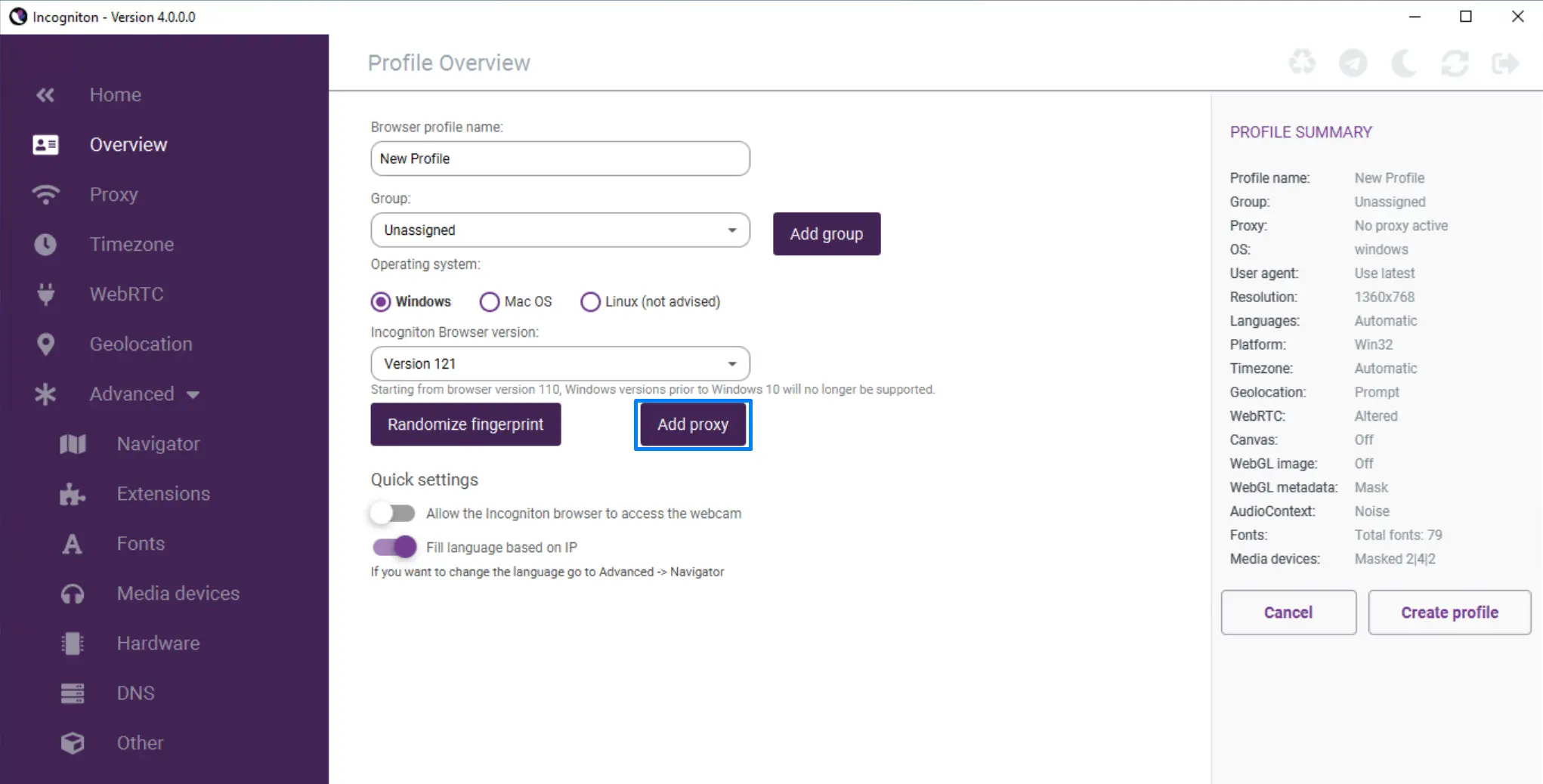 Incogniton 4 Profile Overview with Add proxy highlighted and Proxy in the left sidebar