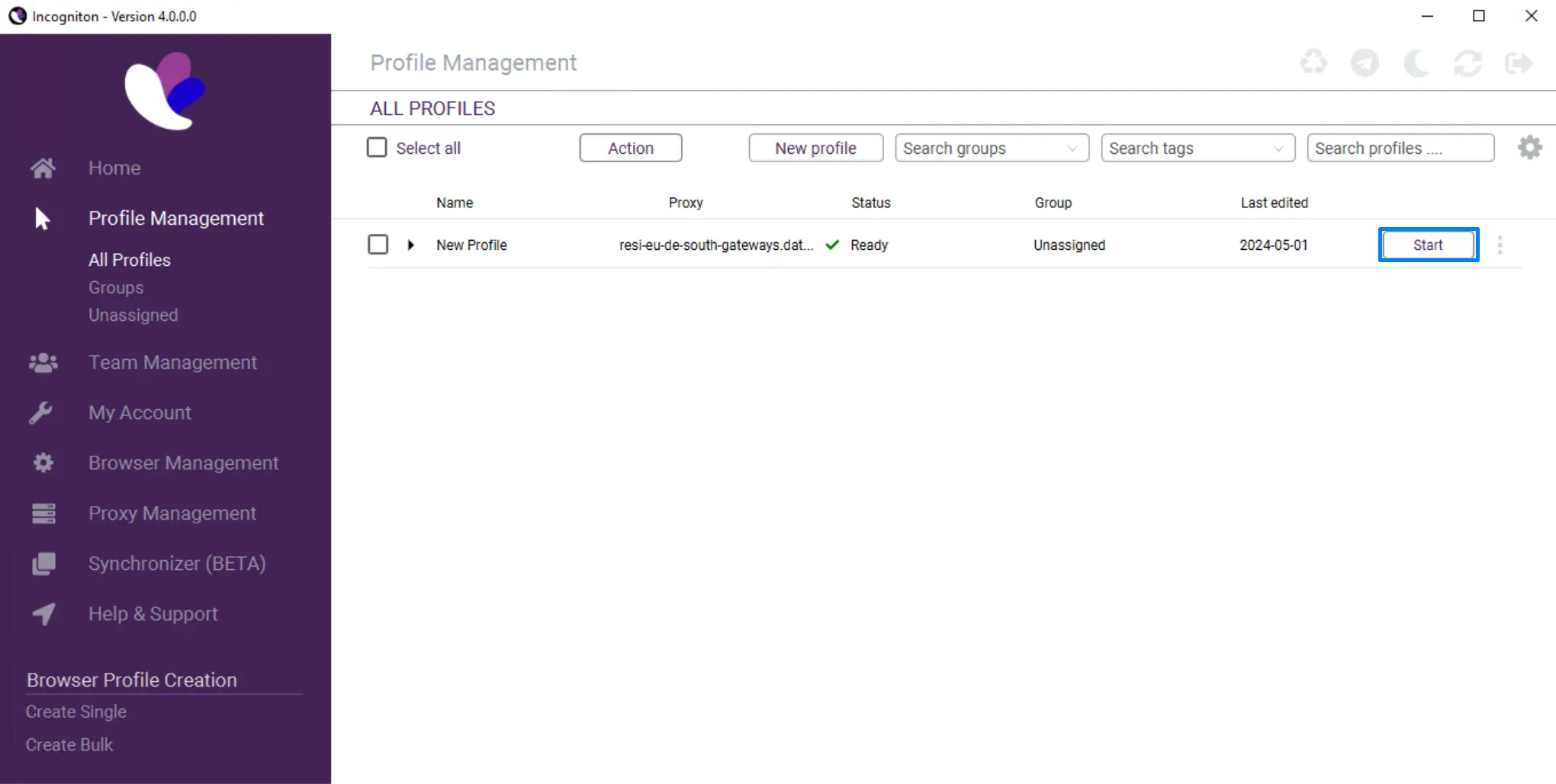 Incogniton 4 Profile Management with a saved profile marked Ready and its Start button highlighted